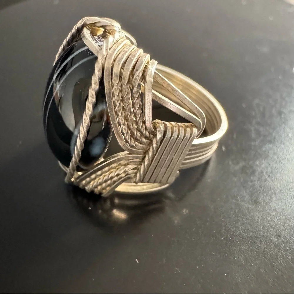Artisan Wire-Wrapped Sterling Ring - Black Agate
